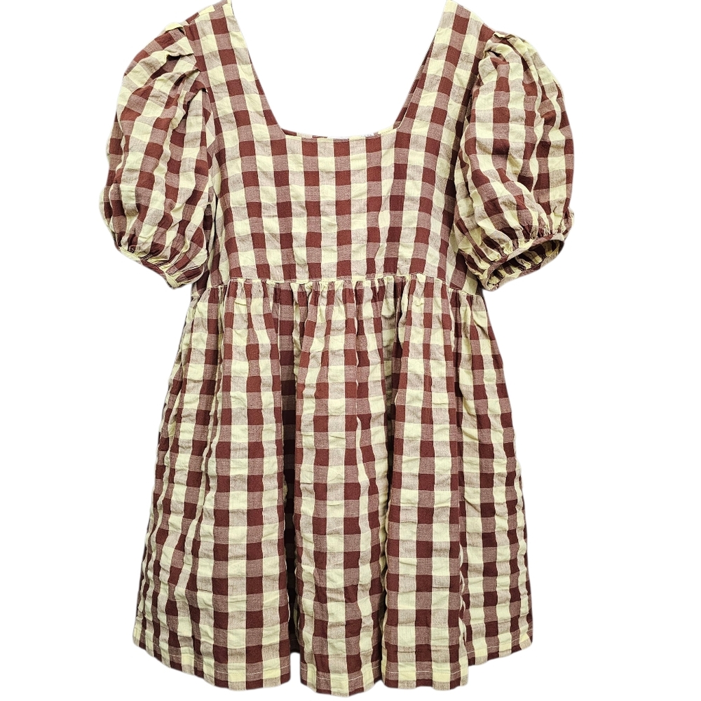 Nwot Collusion Yellow/Brown Checker Seersucker Puff Sleeve Squarneck Shift Dress